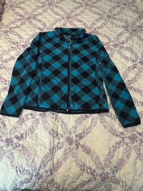 New York & Company Teal and Black Plaid Zip-Up Fleece Jacket
